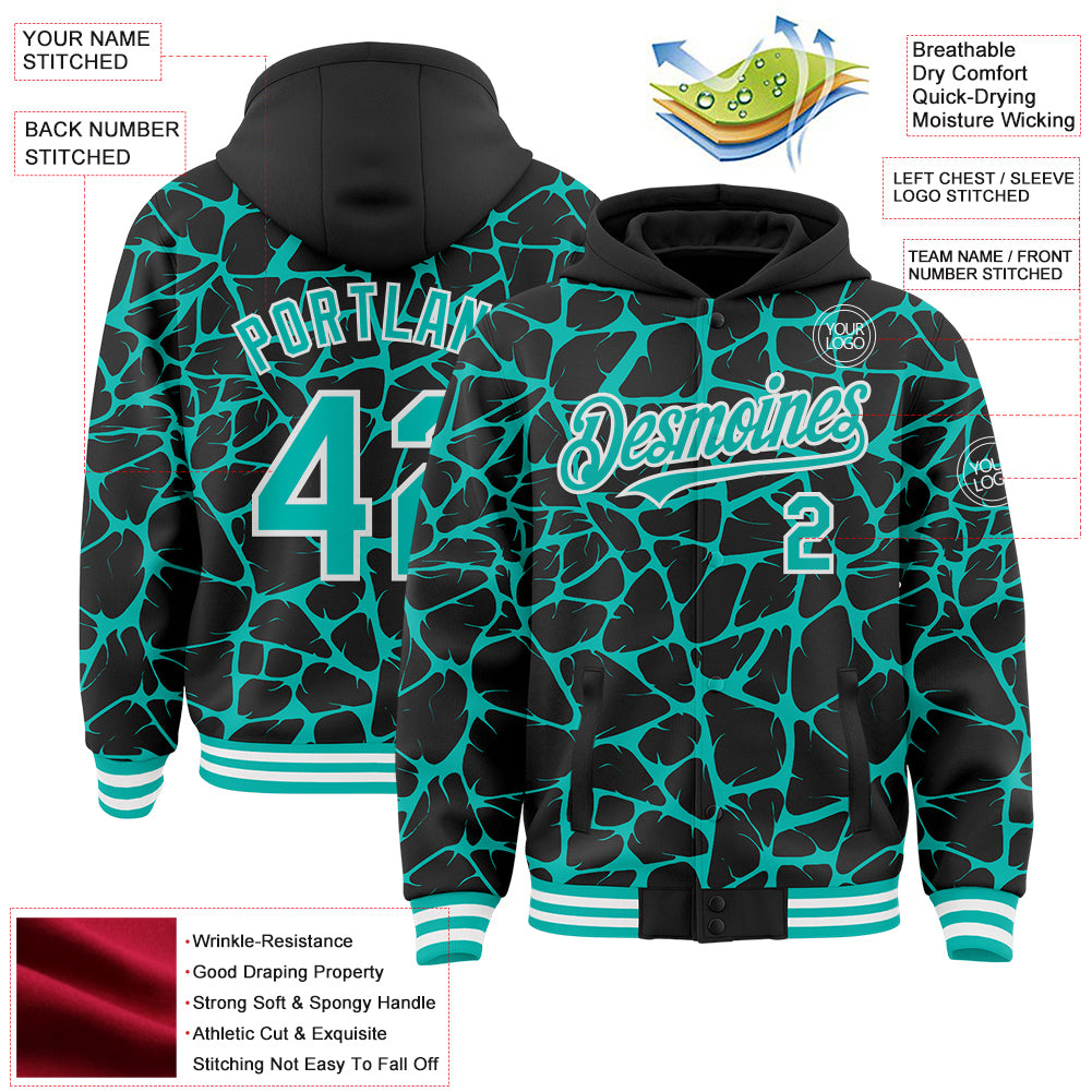 Custom Black Aqua-White Abstract Network Bomber Full-Snap Varsity Letterman Hoodie Jacket