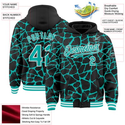 Custom Black Aqua-White Abstract Network Bomber Full-Snap Varsity Letterman Hoodie Jacket
