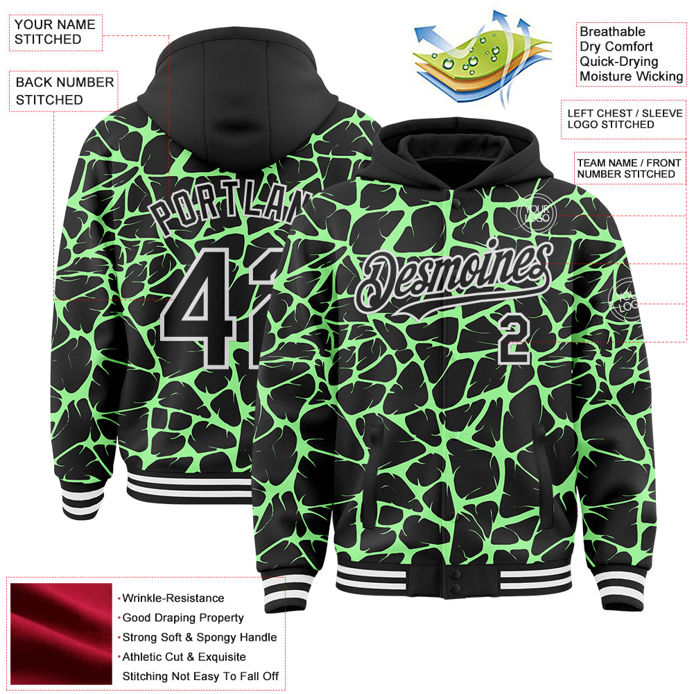 Custom Black Pea Green-White Abstract Network Bomber Full-Snap Varsity Letterman Hoodie Jacket