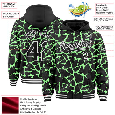 Custom Black Pea Green-White Abstract Network Bomber Full-Snap Varsity Letterman Hoodie Jacket