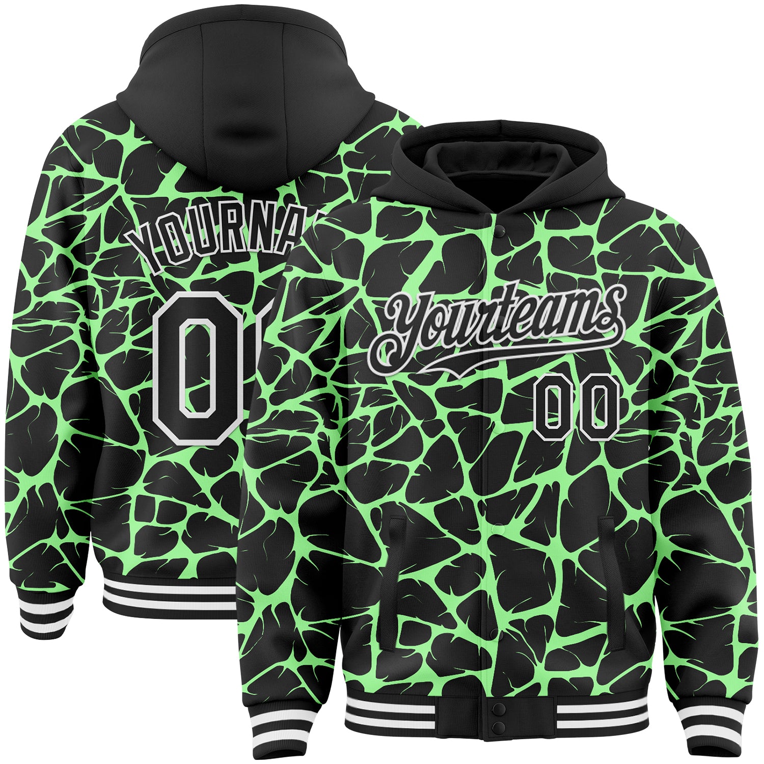 Custom Black Pea Green-White Abstract Network Bomber Full-Snap Varsity Letterman Hoodie Jacket