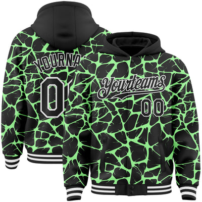 Custom Black Pea Green-White Abstract Network Bomber Full-Snap Varsity Letterman Hoodie Jacket