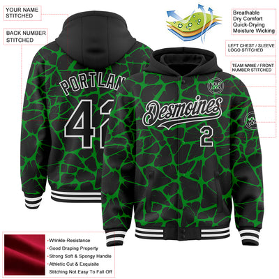 Custom Black Grass Green-White Abstract Network Bomber Full-Snap Varsity Letterman Hoodie Jacket