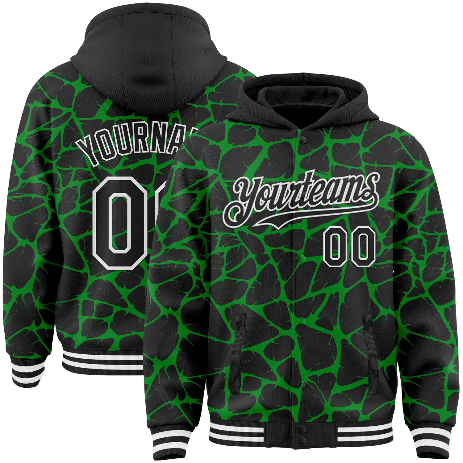 Custom Black Grass Green-White Abstract Network Bomber Full-Snap Varsity Letterman Hoodie Jacket