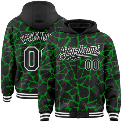 Custom Black Grass Green-White Abstract Network Bomber Full-Snap Varsity Letterman Hoodie Jacket