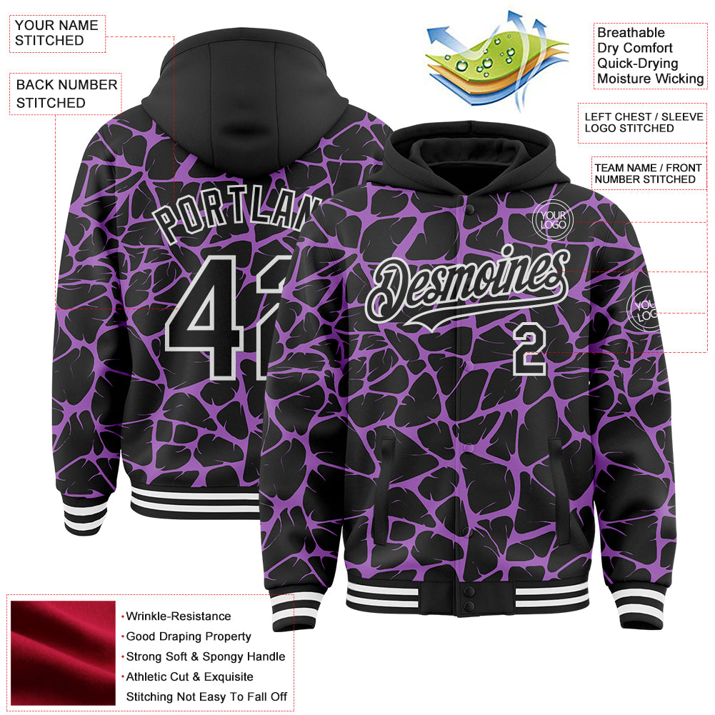 Custom Black Medium Purple-White Abstract Network Bomber Full-Snap Varsity Letterman Hoodie Jacket