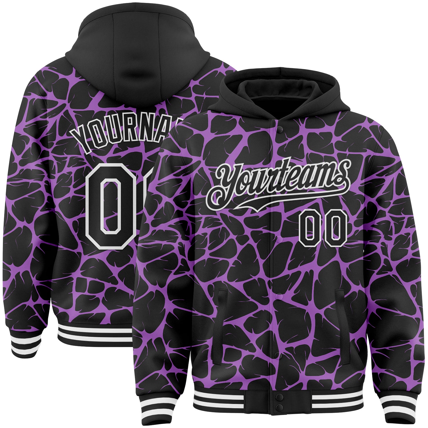 Custom Black Medium Purple-White Abstract Network Bomber Full-Snap Varsity Letterman Hoodie Jacket
