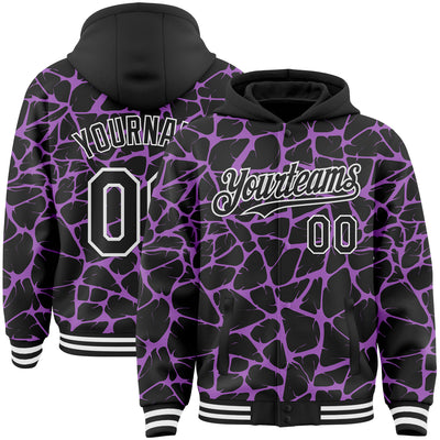 Custom Black Medium Purple-White Abstract Network Bomber Full-Snap Varsity Letterman Hoodie Jacket