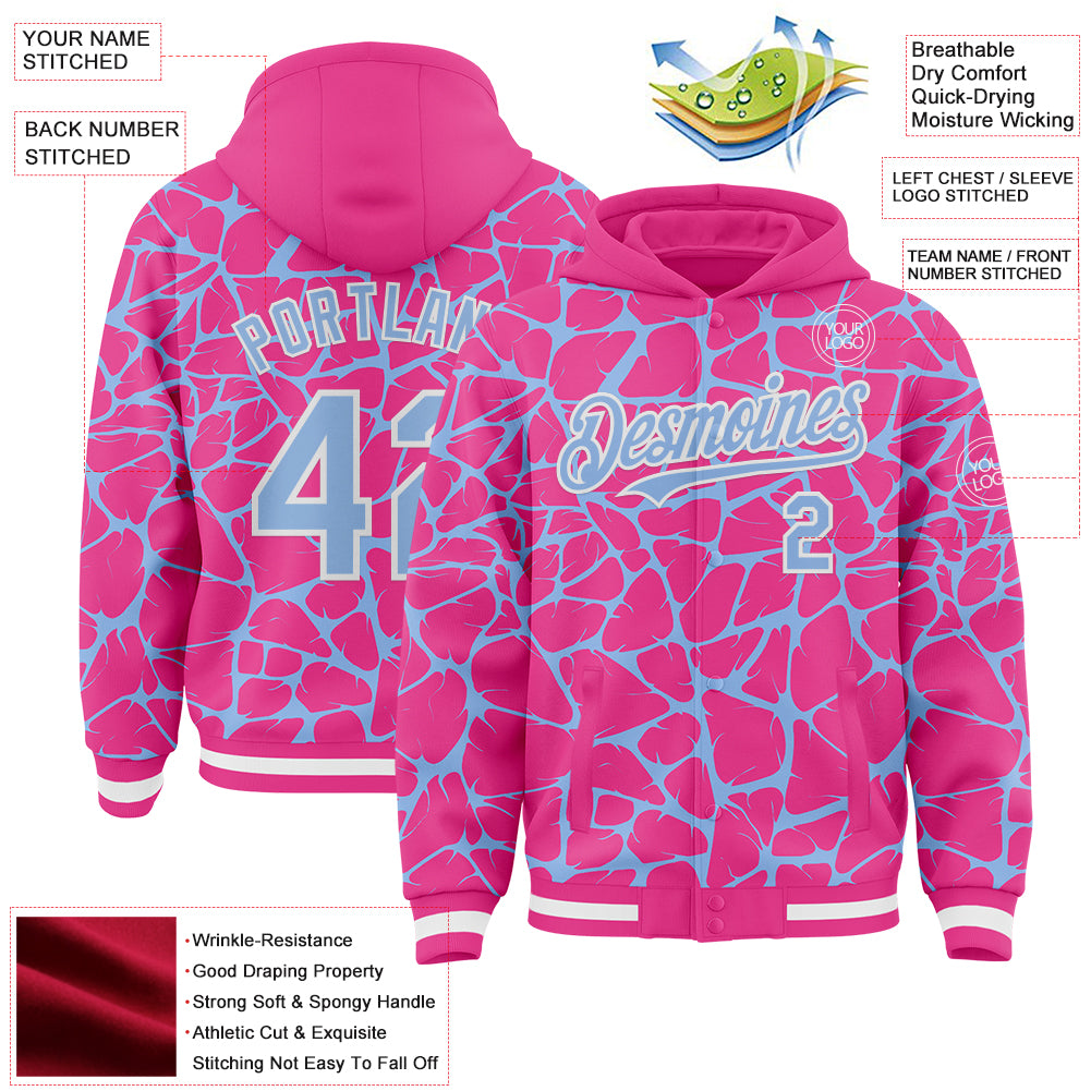 Custom Pink Light Blue-White Abstract Network Bomber Full-Snap Varsity Letterman Hoodie Jacket