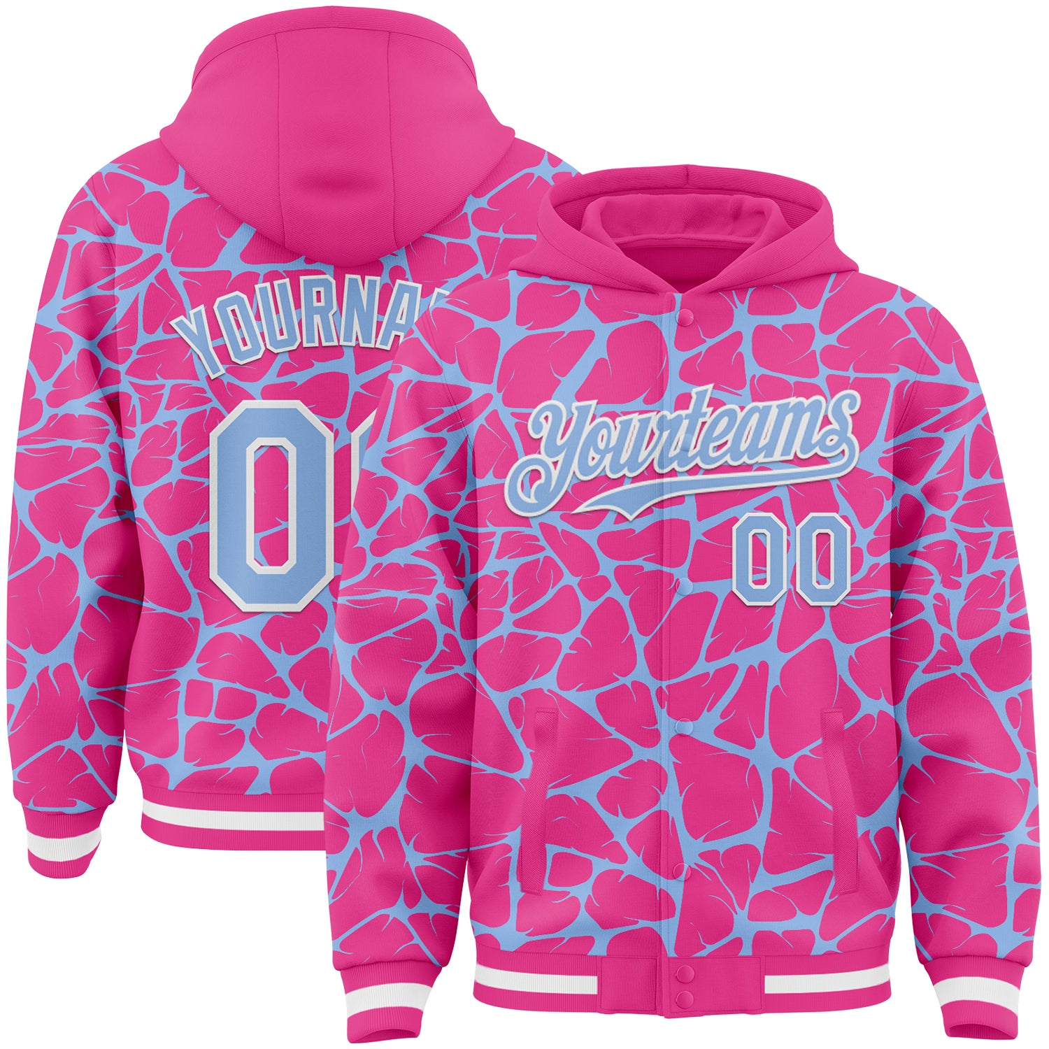 Custom Pink Light Blue-White Abstract Network Bomber Full-Snap Varsity Letterman Hoodie Jacket