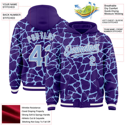 Custom Purple Light Blue-White Abstract Network Bomber Full-Snap Varsity Letterman Hoodie Jacket