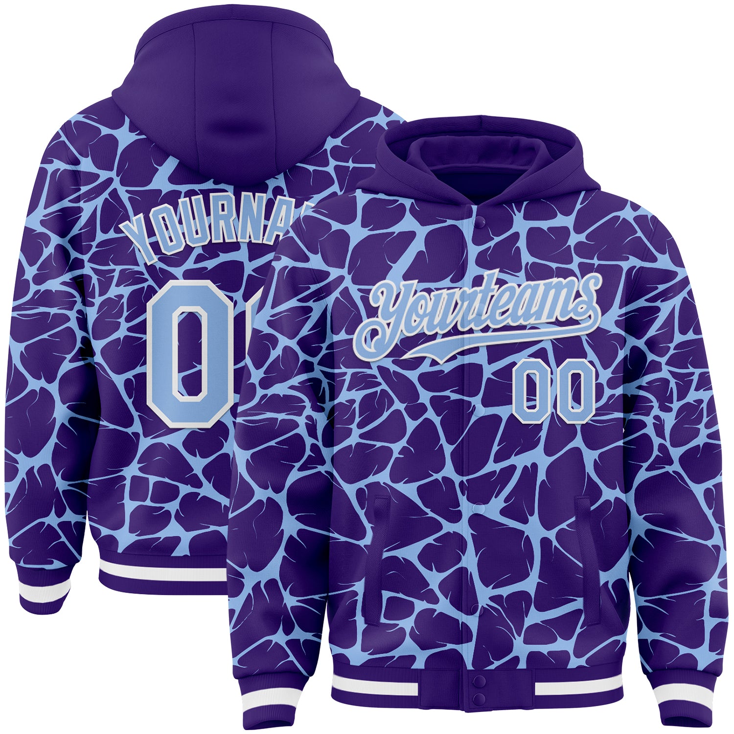 Custom Purple Light Blue-White Abstract Network Bomber Full-Snap Varsity Letterman Hoodie Jacket