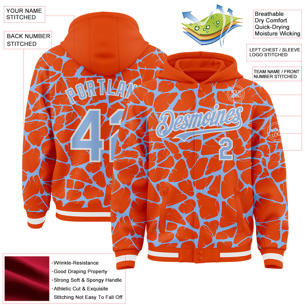 Custom Orange Light Blue-White Abstract Network Bomber Full-Snap Varsity Letterman Hoodie Jacket