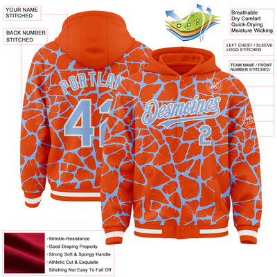 Custom Orange Light Blue-White Abstract Network Bomber Full-Snap Varsity Letterman Hoodie Jacket