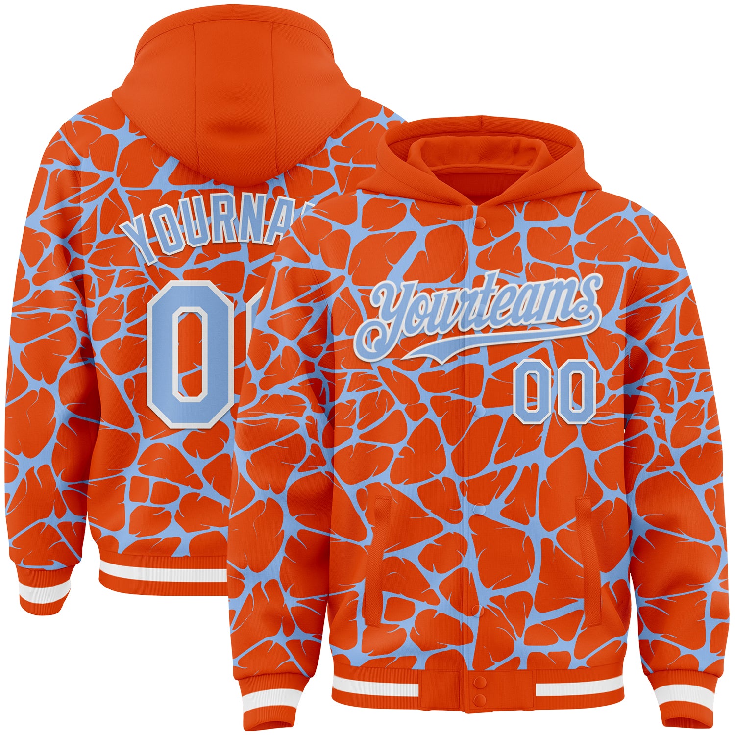 Custom Orange Light Blue-White Abstract Network Bomber Full-Snap Varsity Letterman Hoodie Jacket