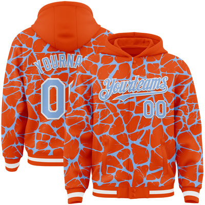 Custom Orange Light Blue-White Abstract Network Bomber Full-Snap Varsity Letterman Hoodie Jacket