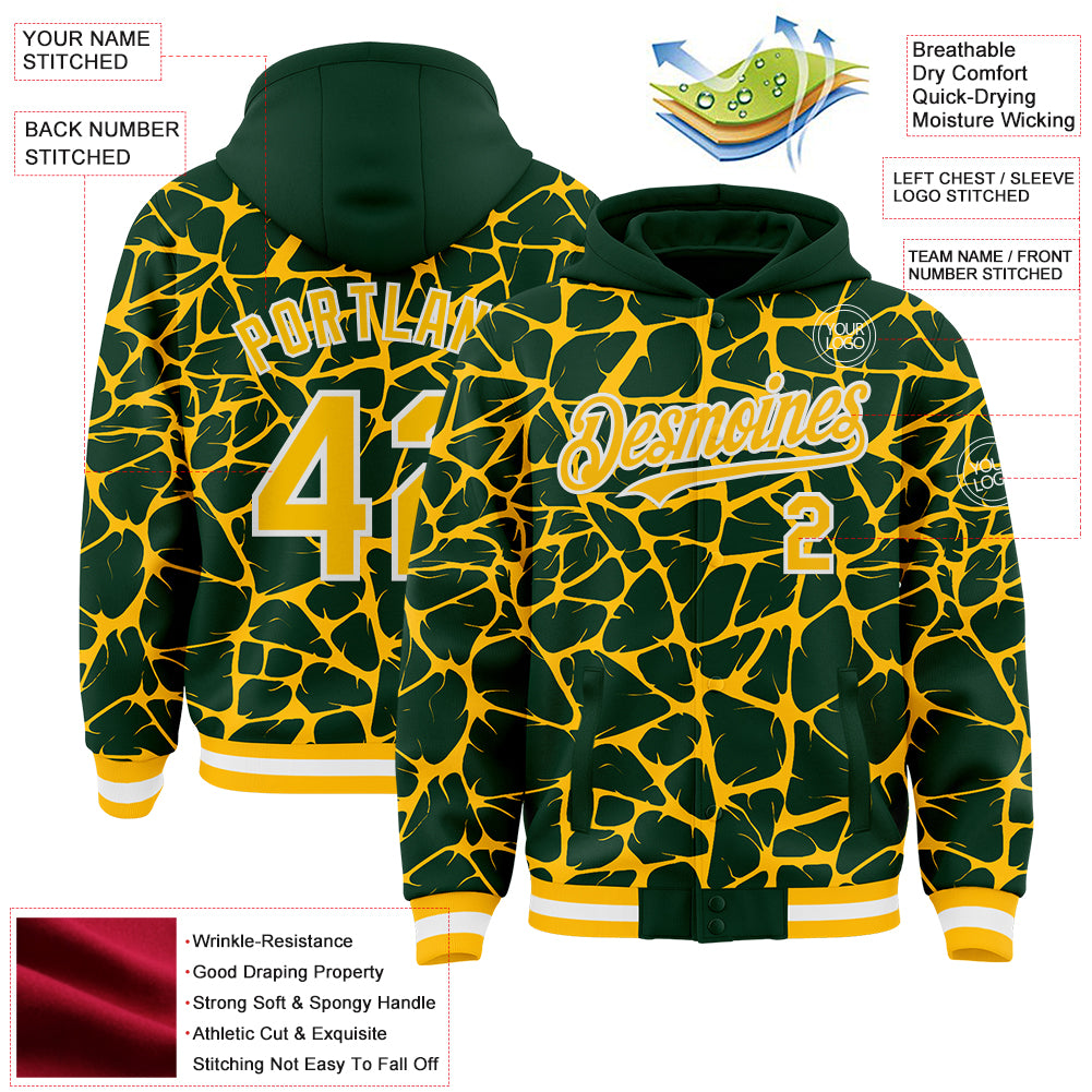 Custom Green Gold-White Abstract Network Bomber Full-Snap Varsity Letterman Hoodie Jacket