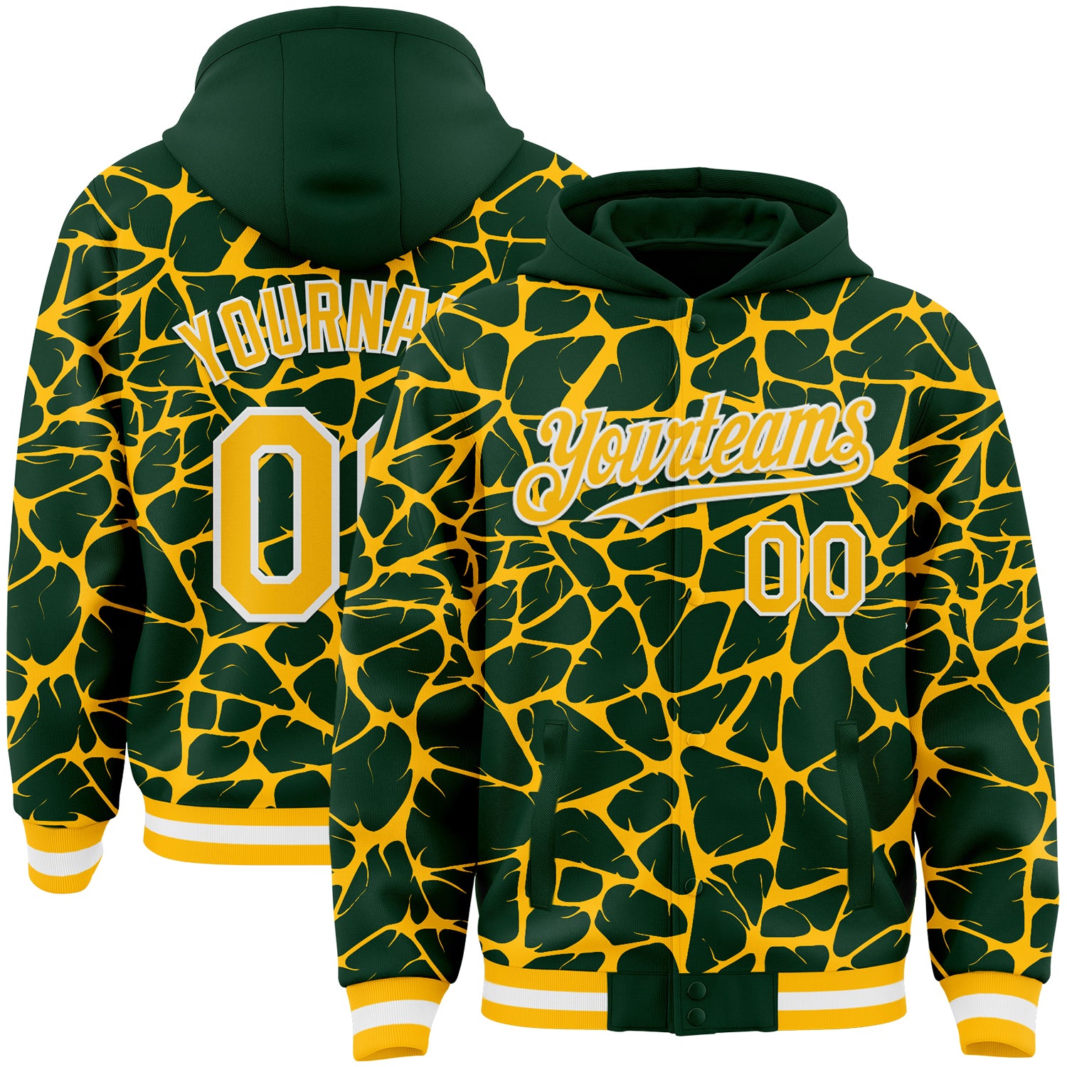 Custom Green Gold-White Abstract Network Bomber Full-Snap Varsity Letterman Hoodie Jacket