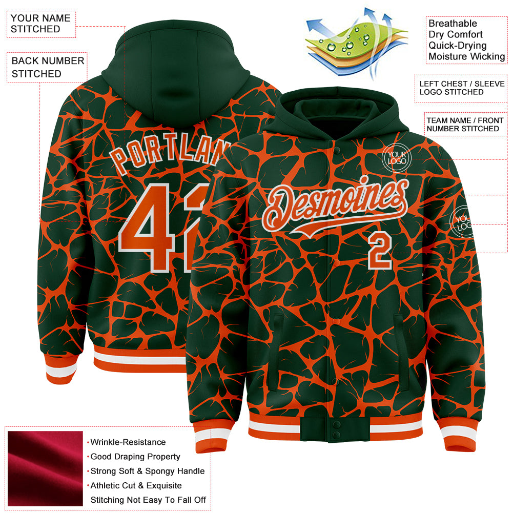 Custom Green Orange-White Abstract Network Bomber Full-Snap Varsity Letterman Hoodie Jacket