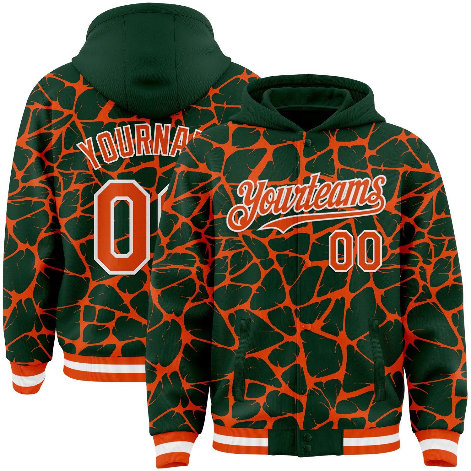 Custom Green Orange-White Abstract Network Bomber Full-Snap Varsity Letterman Hoodie Jacket