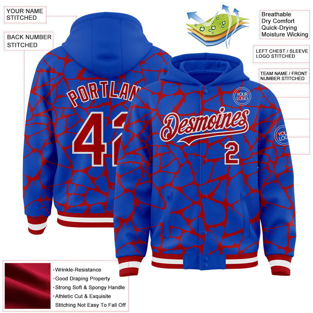 Custom Thunder Blue Red-White Abstract Network Bomber Full-Snap Varsity Letterman Hoodie Jacket