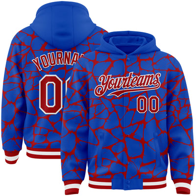 Custom Thunder Blue Red-White Abstract Network Bomber Full-Snap Varsity Letterman Hoodie Jacket