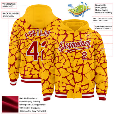 Custom Gold Red-White Abstract Network Bomber Full-Snap Varsity Letterman Hoodie Jacket
