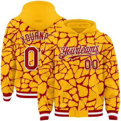 Custom Gold Red-White Abstract Network Bomber Full-Snap Varsity Letterman Hoodie Jacket