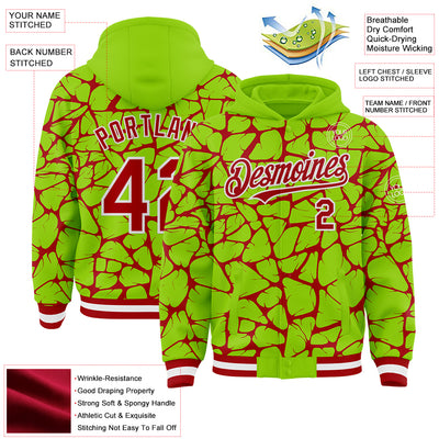 Custom Neon Green Red-White Abstract Network Bomber Full-Snap Varsity Letterman Hoodie Jacket