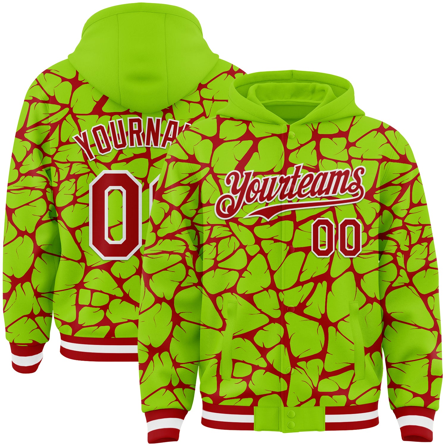 Custom Neon Green Red-White Abstract Network Bomber Full-Snap Varsity Letterman Hoodie Jacket