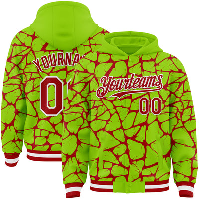 Custom Neon Green Red-White Abstract Network Bomber Full-Snap Varsity Letterman Hoodie Jacket