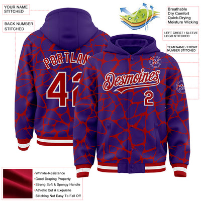 Custom Purple Red-White Abstract Network Bomber Full-Snap Varsity Letterman Hoodie Jacket