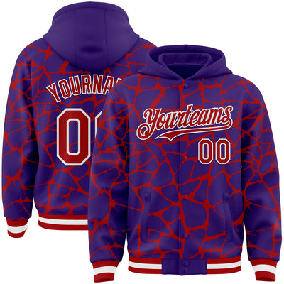 Custom Purple Red-White Abstract Network Bomber Full-Snap Varsity Letterman Hoodie Jacket