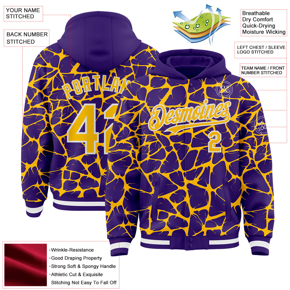 Custom Purple Gold-White Abstract Network Bomber Full-Snap Varsity Letterman Hoodie Jacket