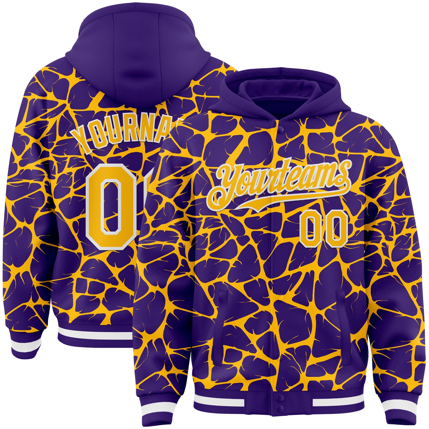 Custom Purple Gold-White Abstract Network Bomber Full-Snap Varsity Letterman Hoodie Jacket