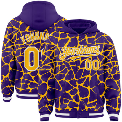 Custom Purple Gold-White Abstract Network Bomber Full-Snap Varsity Letterman Hoodie Jacket