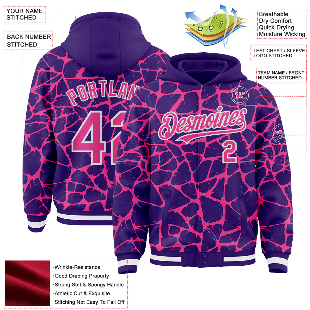 Custom Purple Pink-White Abstract Network Bomber Full-Snap Varsity Letterman Hoodie Jacket