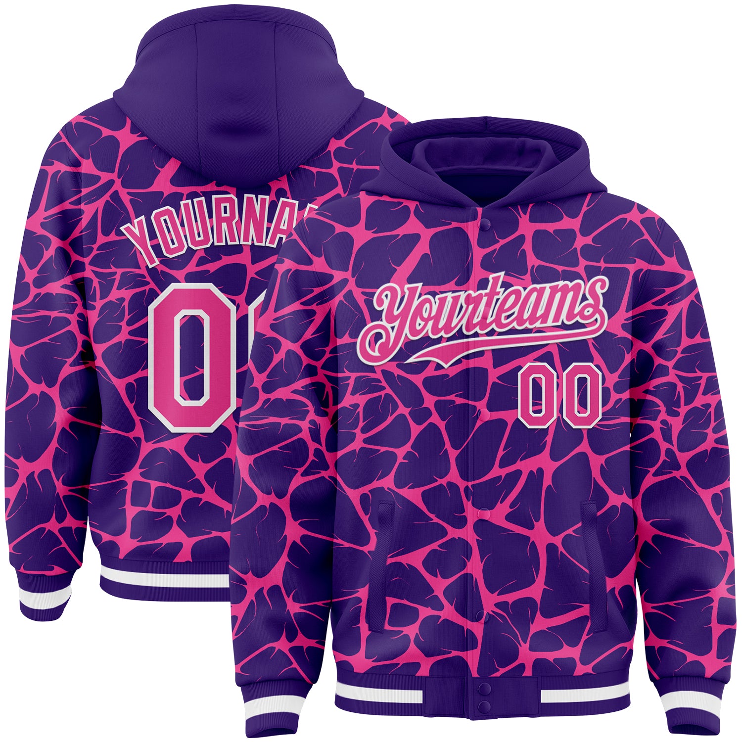 Custom Purple Pink-White Abstract Network Bomber Full-Snap Varsity Letterman Hoodie Jacket