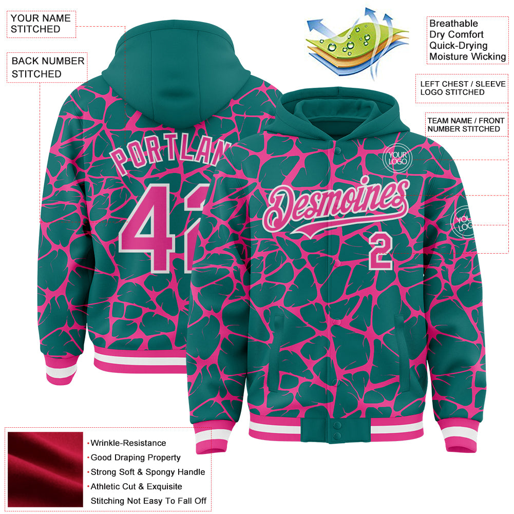 Custom Teal Pink-White Abstract Network Bomber Full-Snap Varsity Letterman Hoodie Jacket