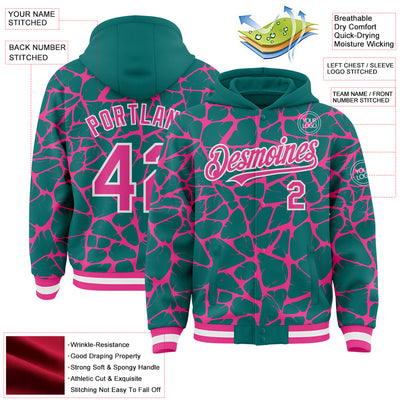 Custom Teal Pink-White Abstract Network Bomber Full-Snap Varsity Letterman Hoodie Jacket