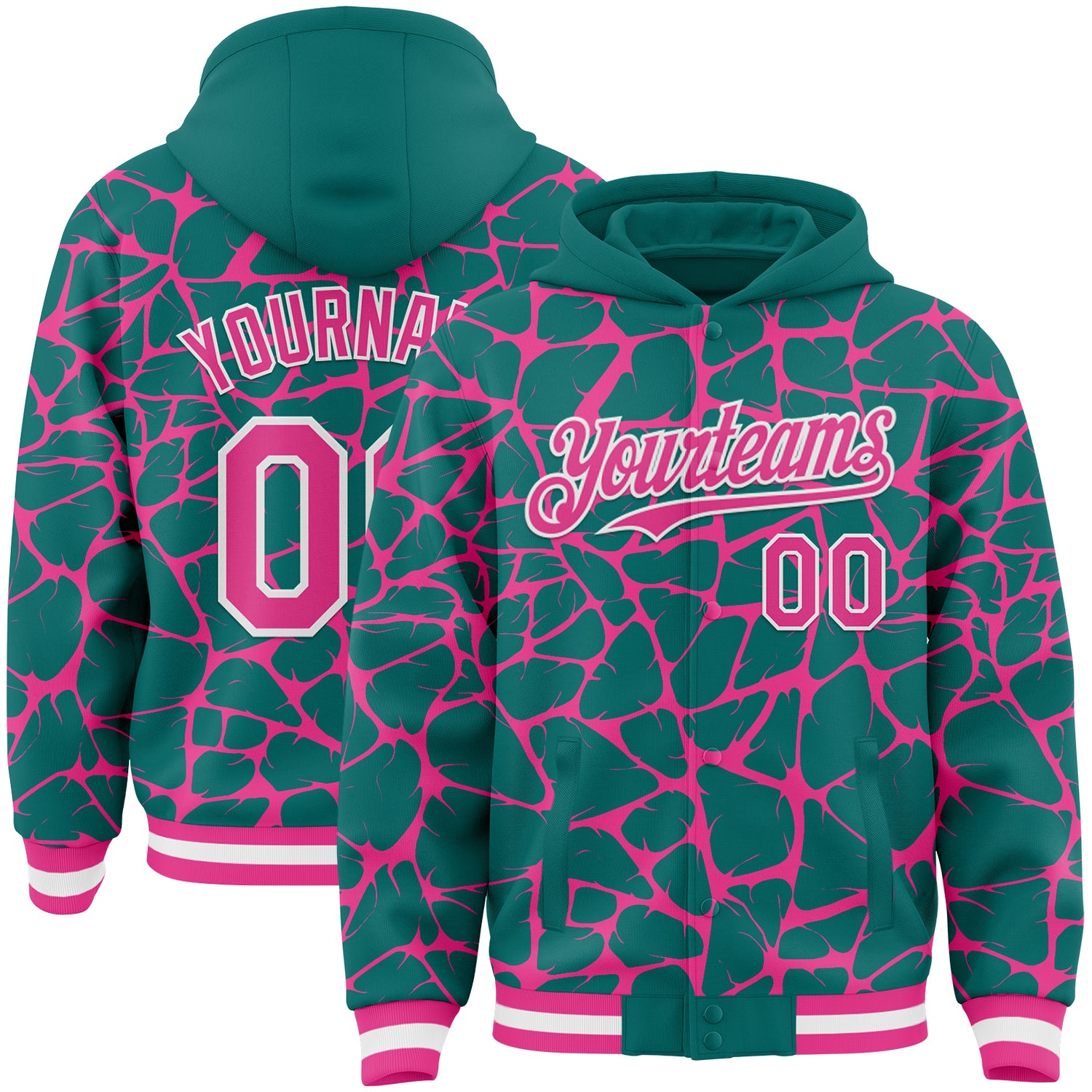 Custom Teal Pink-White Abstract Network Bomber Full-Snap Varsity Letterman Hoodie Jacket