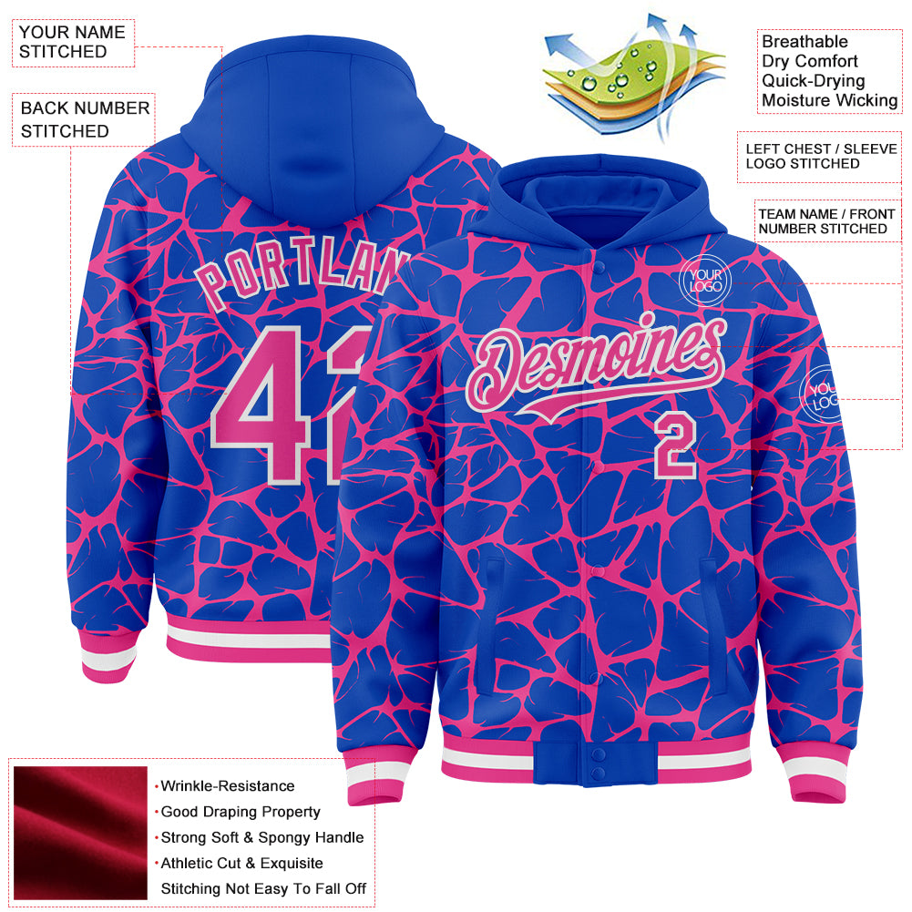 Custom Thunder Blue Pink-White Abstract Network Bomber Full-Snap Varsity Letterman Hoodie Jacket
