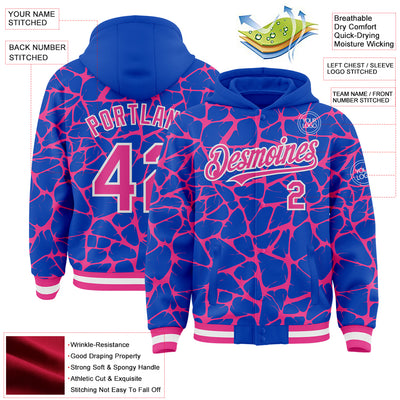 Custom Thunder Blue Pink-White Abstract Network Bomber Full-Snap Varsity Letterman Hoodie Jacket