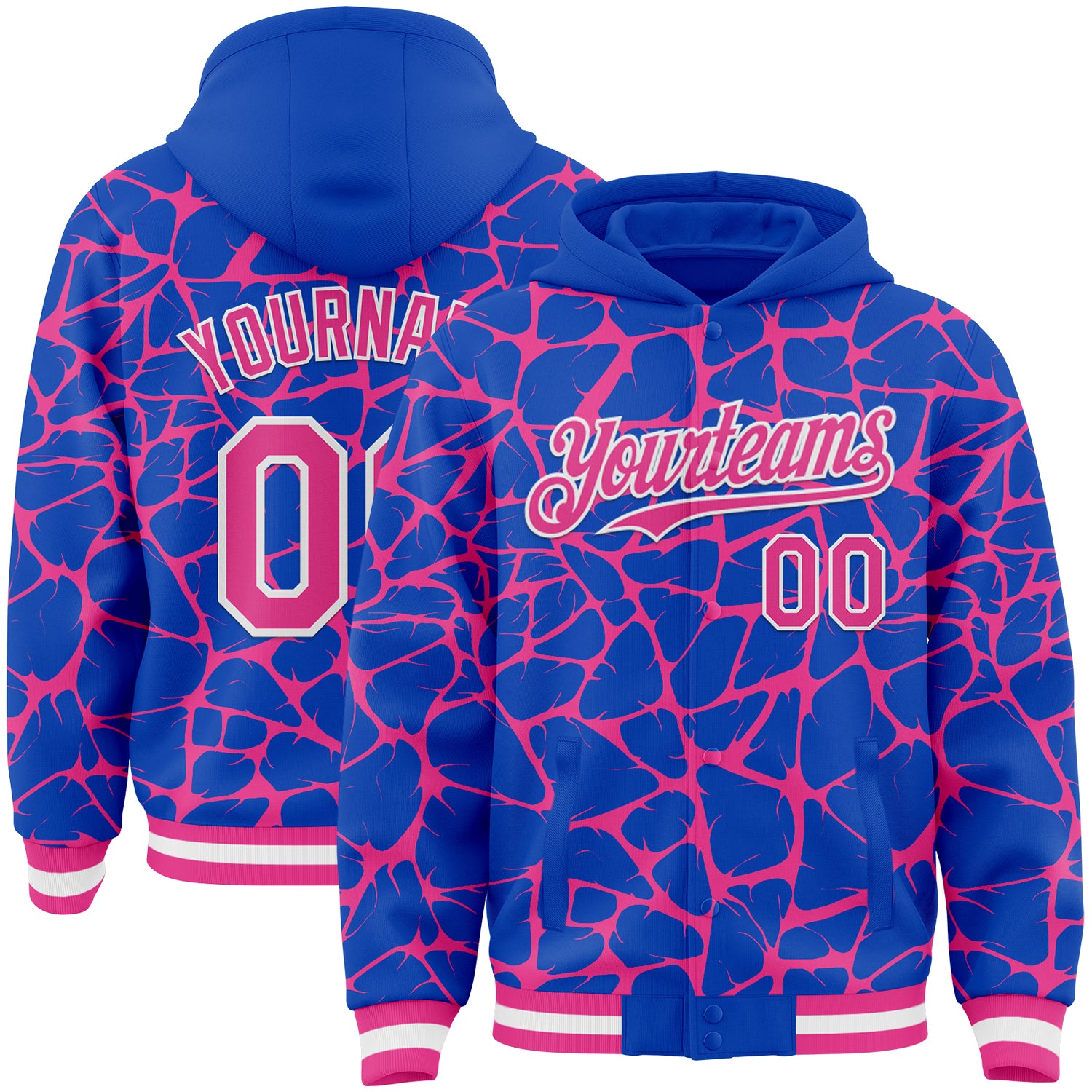 Custom Thunder Blue Pink-White Abstract Network Bomber Full-Snap Varsity Letterman Hoodie Jacket