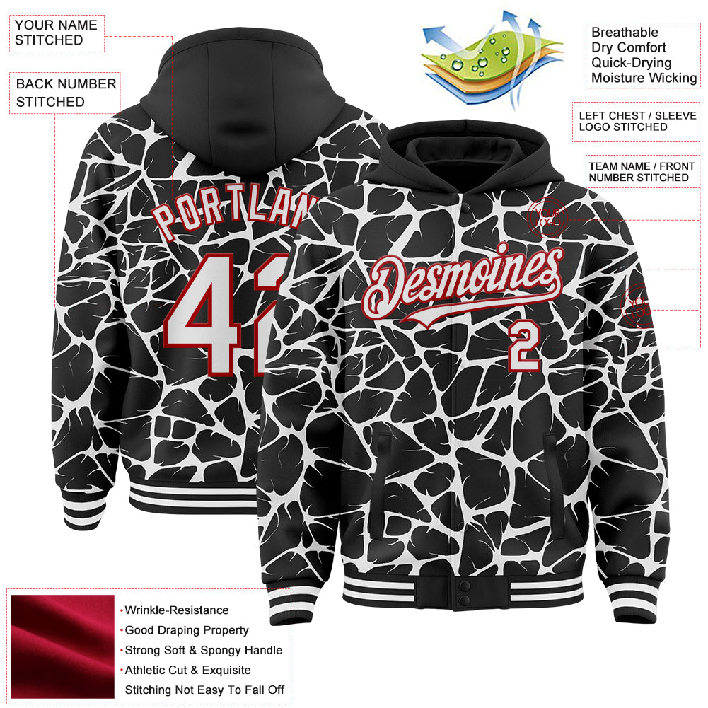 Custom Black White-Red Abstract Network Bomber Full-Snap Varsity Letterman Hoodie Jacket