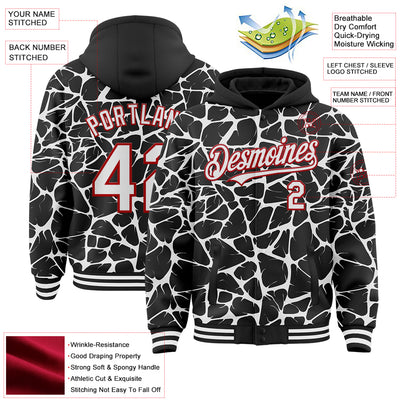 Custom Black White-Red Abstract Network Bomber Full-Snap Varsity Letterman Hoodie Jacket