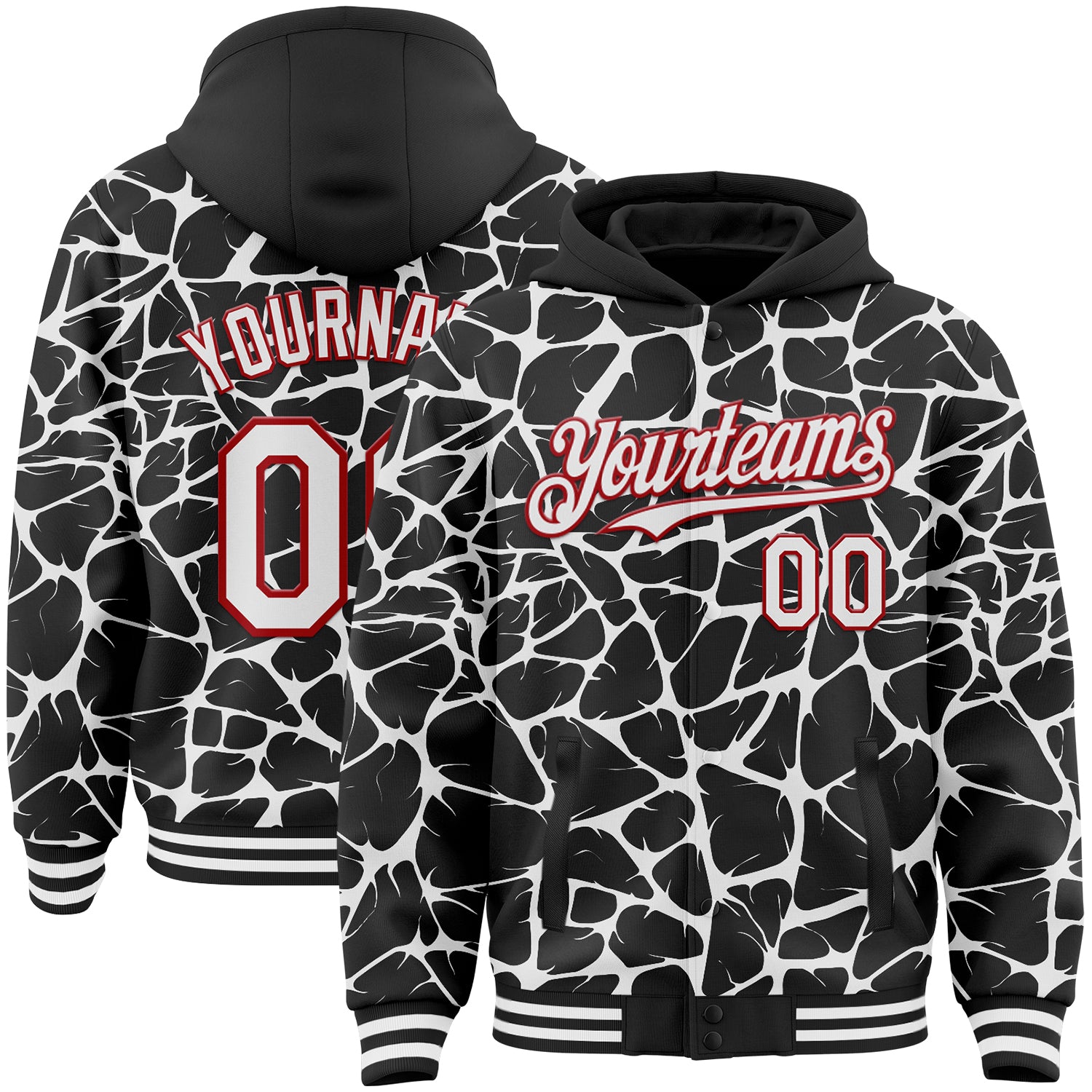 Custom Black White-Red Abstract Network Bomber Full-Snap Varsity Letterman Hoodie Jacket