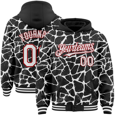 Custom Black White-Red Abstract Network Bomber Full-Snap Varsity Letterman Hoodie Jacket