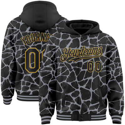 Custom Black Gray-Old Gold Abstract Network Bomber Full-Snap Varsity Letterman Hoodie Jacket