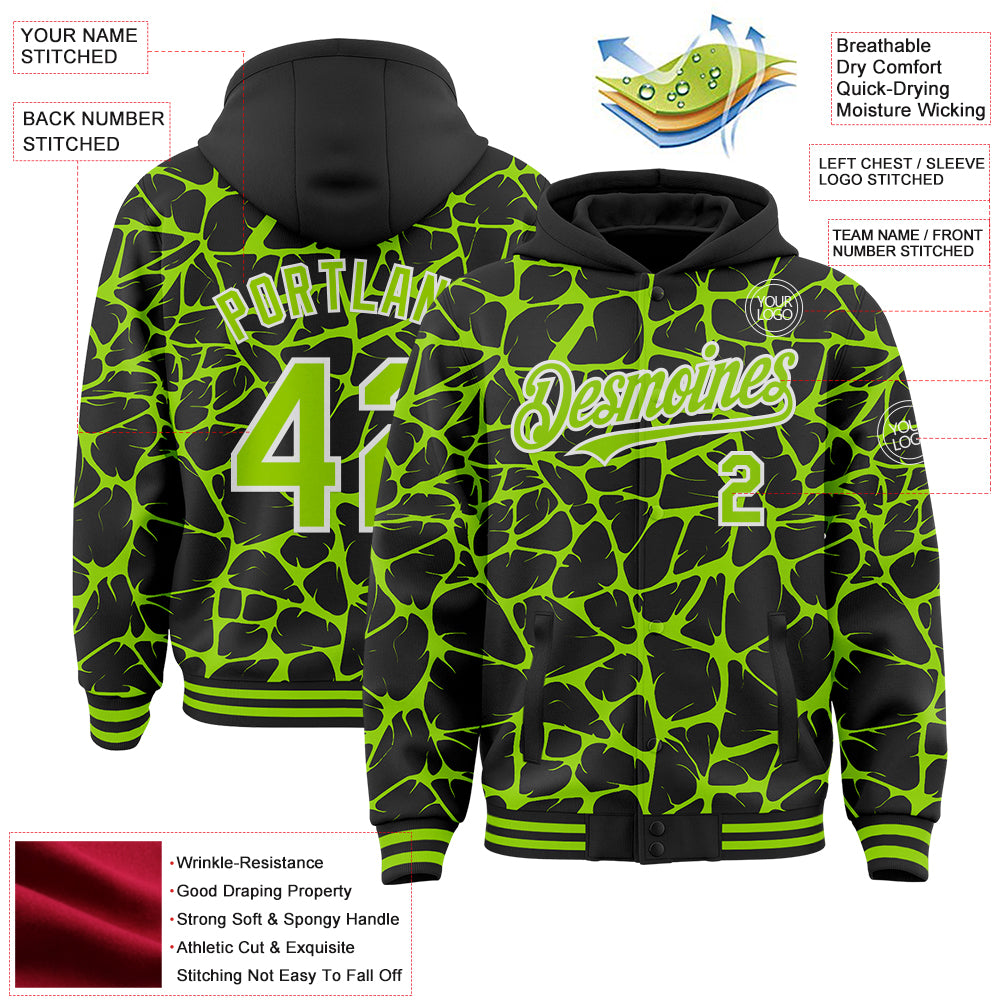 Custom Black Neon Green-White Abstract Network Bomber Full-Snap Varsity Letterman Hoodie Jacket